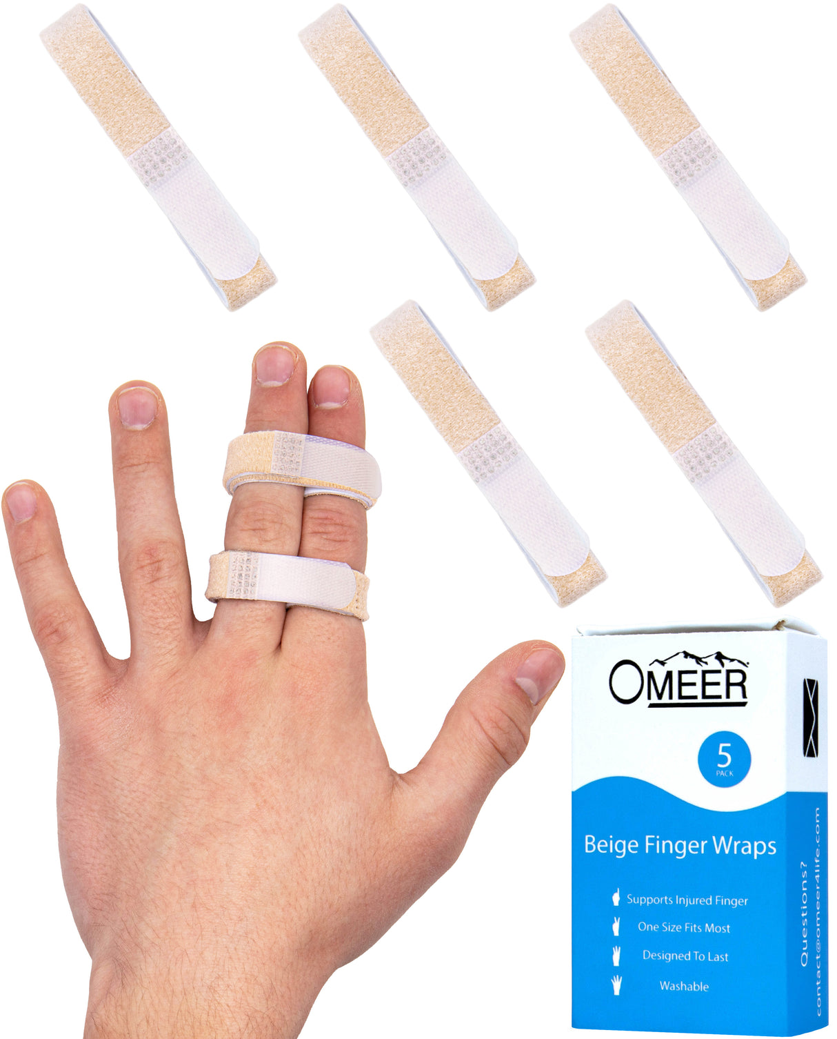 Omeer 5 Pack Buddy Tape Finger Straps With Padded No-Slip Hook and Loop Are A Washable and Reusable Finger Splint Solution To Support Injured Fingers (Beige)